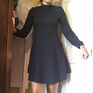 H&M Dark Blue Crêpe Polka Dot Ruffled Neck Dress